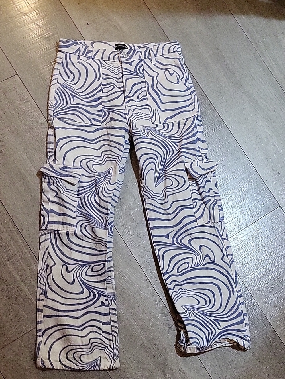 PrettyLittleThing White & Navy Swirl Straight Leg Cargo Jeans